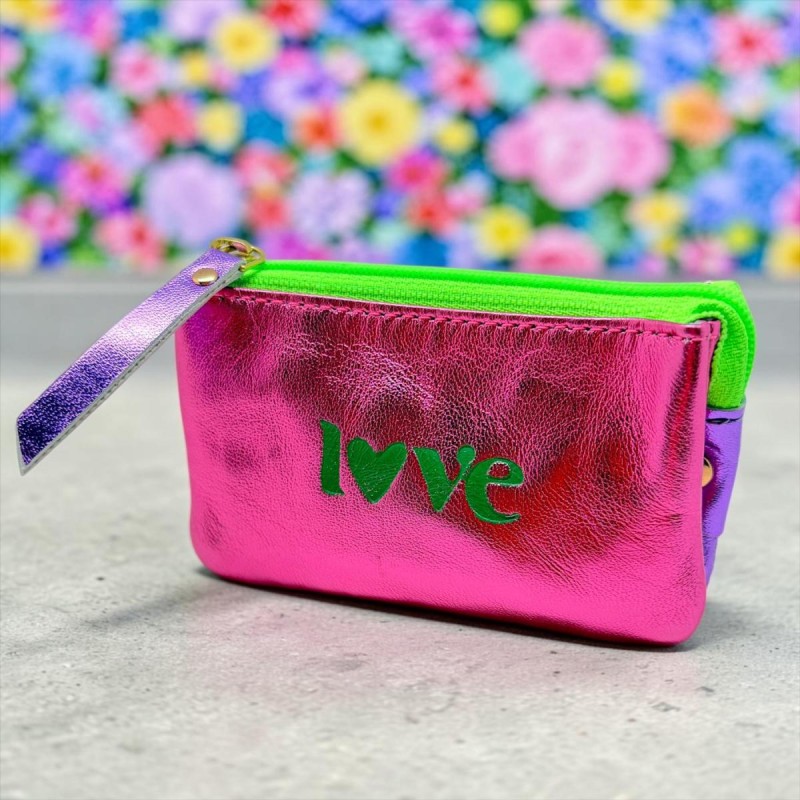 Portemonnaie Mini 3er Leder metallic Love pink