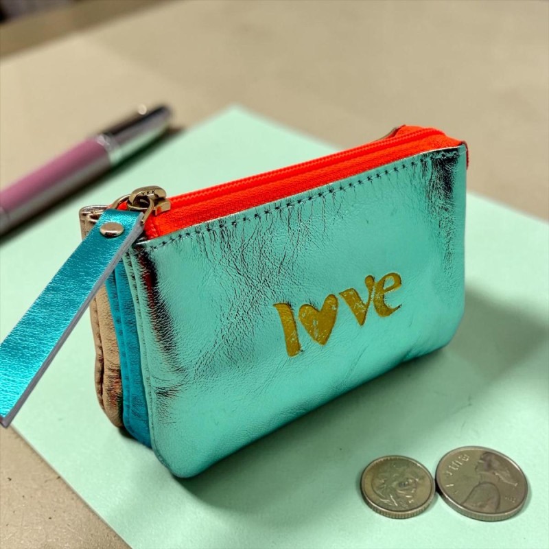 Portemonnaie Mini 3er Leder metallic Love mint