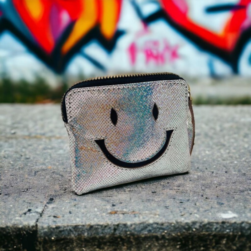Mini zip Portemonnaie Leather Smiley silver metallic