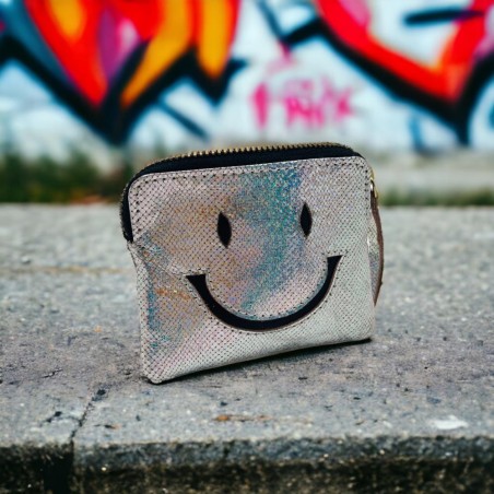 Mini zip Portemonnaie Leather Smiley silver metallic