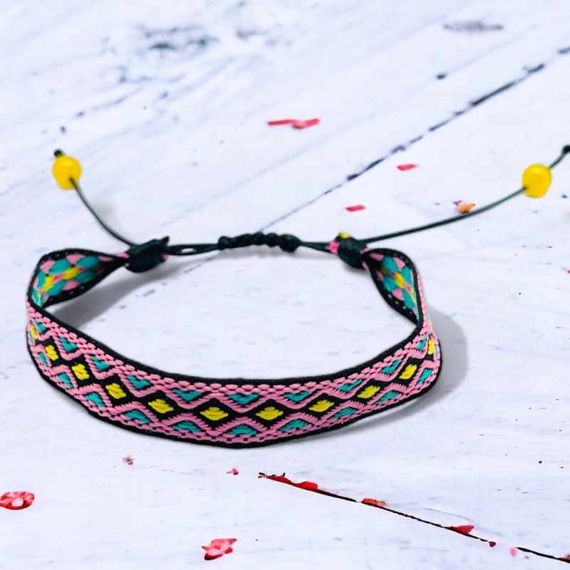 Bracelet Woven Tape pink ethno yellow bead