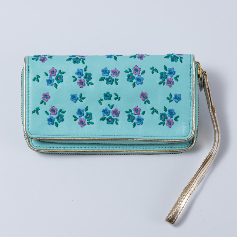 Porte-monnaie Double zip Cuir Millefleur ltblue