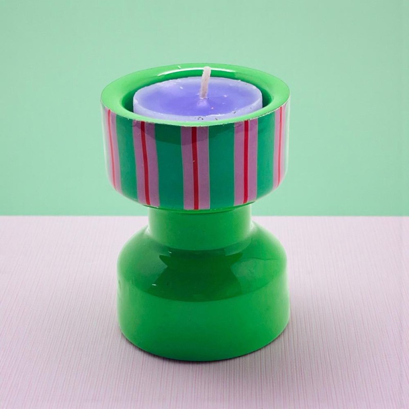 Candle Holder Turned Stripe green