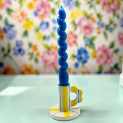 Candle Holder Ceramic Handle Stripes Yellow