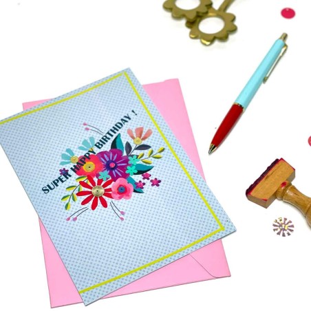 Carte + enveloppe Super Happy Birthday