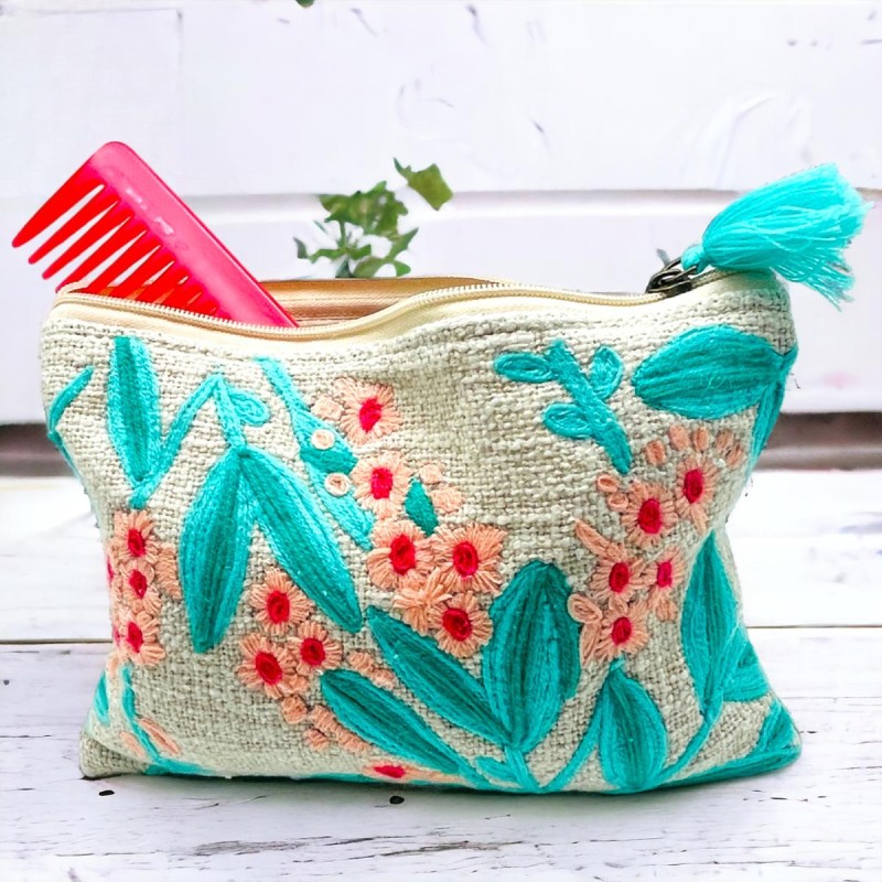 Pochette zip mint leaves pink