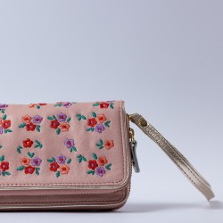 Porte-monnaie Double zip Cuir Millefleur apricot