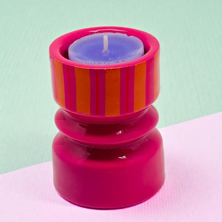 Candle Holder Turned Stripe pink