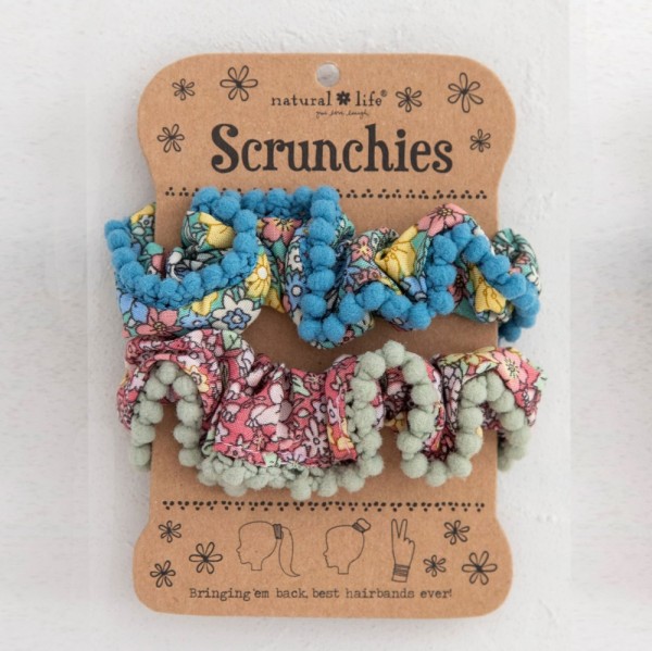 Scrunchies PomPom Set2 Blue Pink Floral