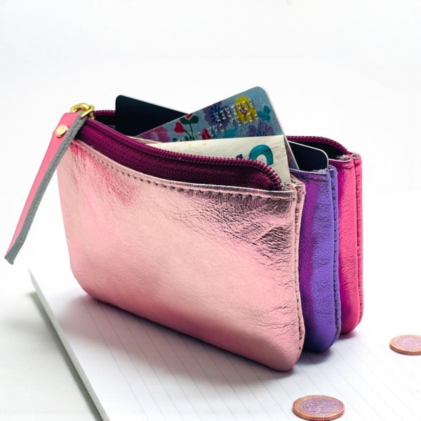 Portemonnaie Mini 3er Leder metallic pink